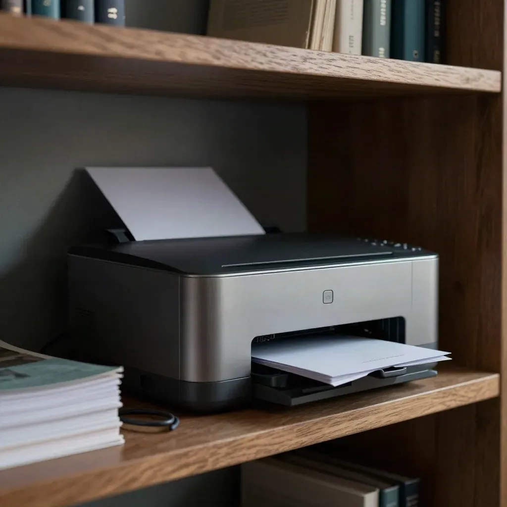 Compacte printer op een kantoorplank bij schemer, met papierstapel en boeksteunen in koel licht.