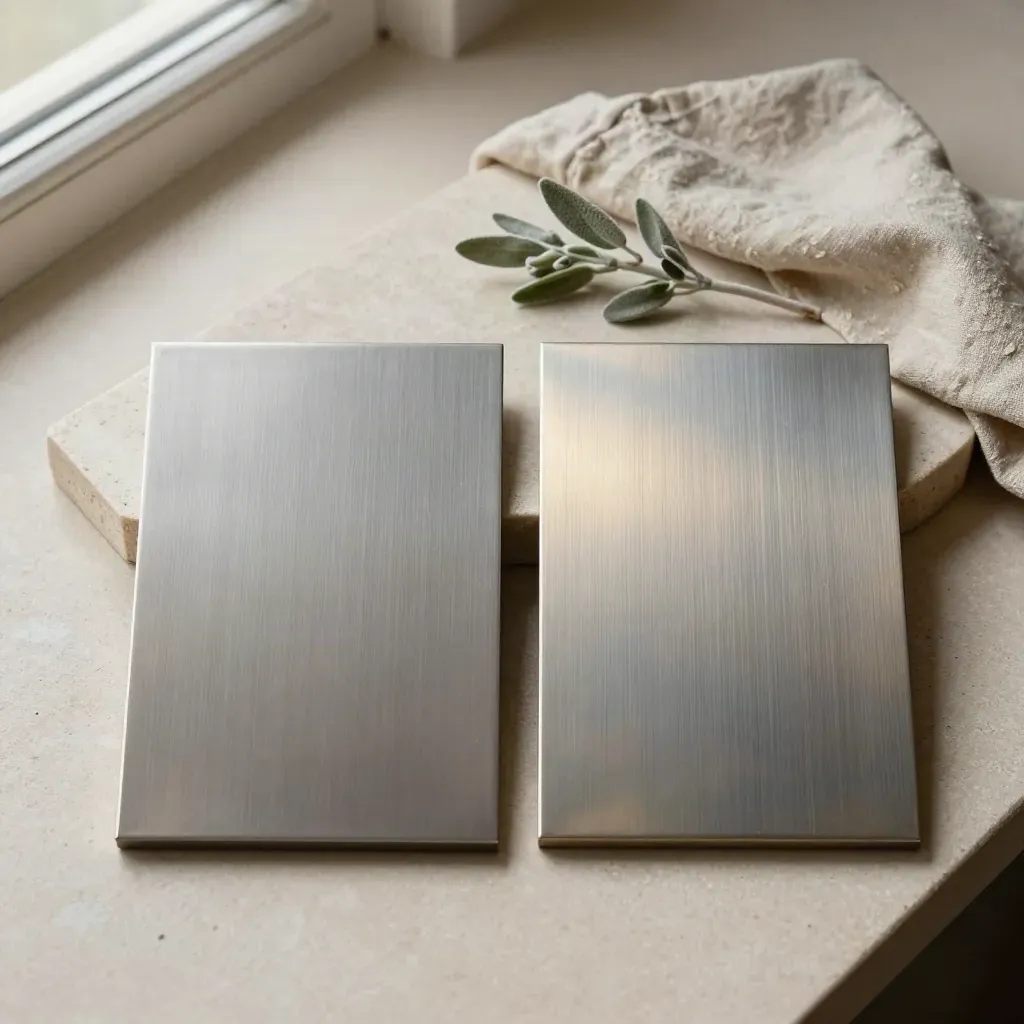 Twee metalen samplepanelen met linnen doek en klein plantje op een rustige stenen ondergrond.